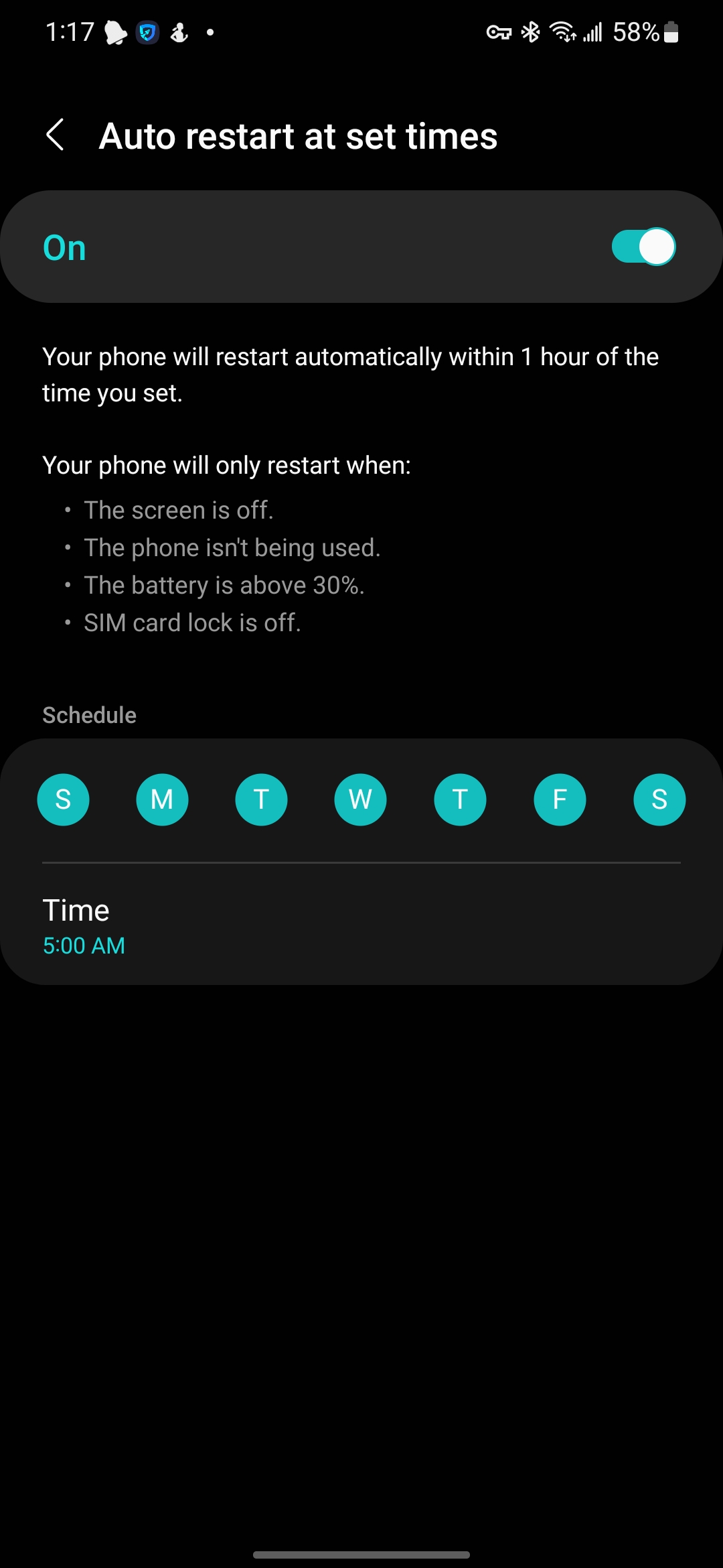 Solved How can I find auto restart in settings running On... Samsung